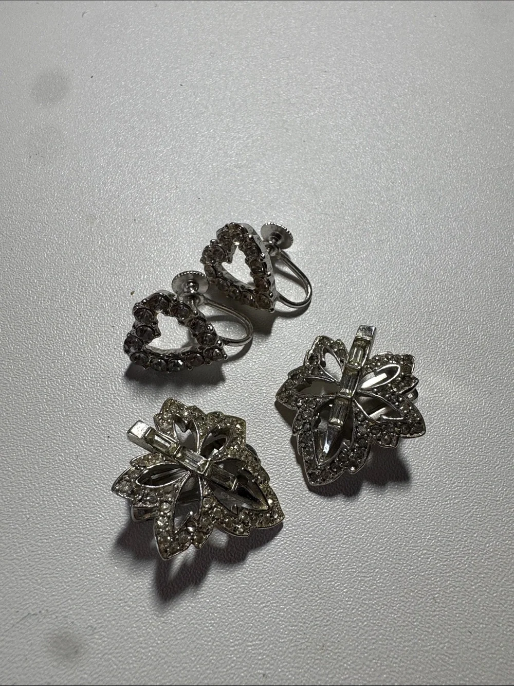 Silver-Tone Crystal Clip-On Earrings Set - Heart & Floral Designs